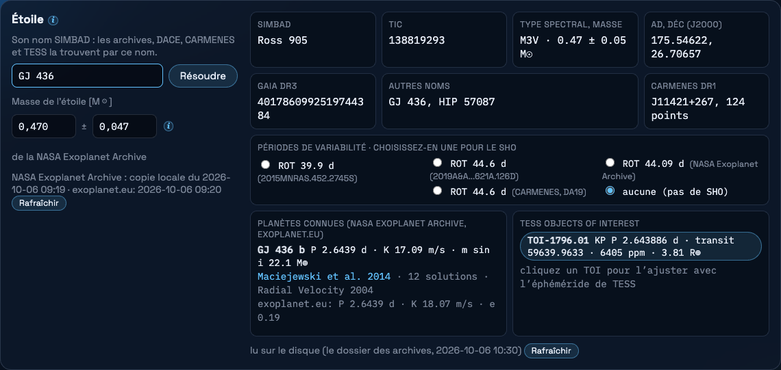La carte de l’étoile dans l’interface pour GJ 436