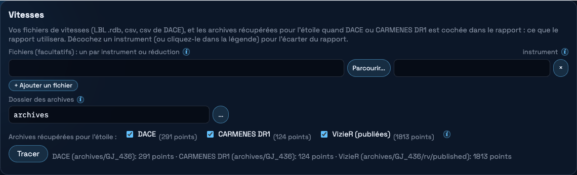 La carte des vitesses avec les archives de GJ 436 cochées
