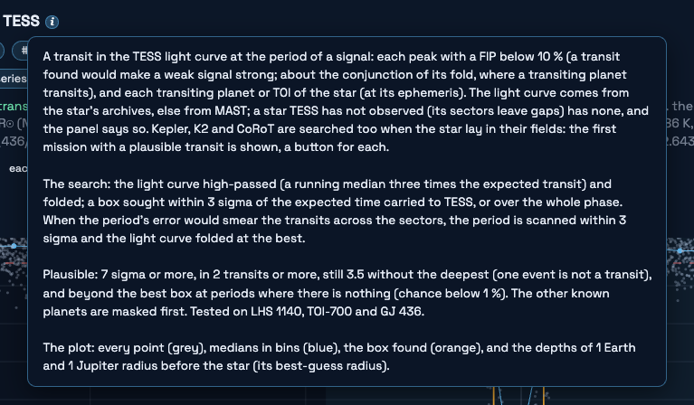 A help bubble of the GUI, the explanation of the transit search