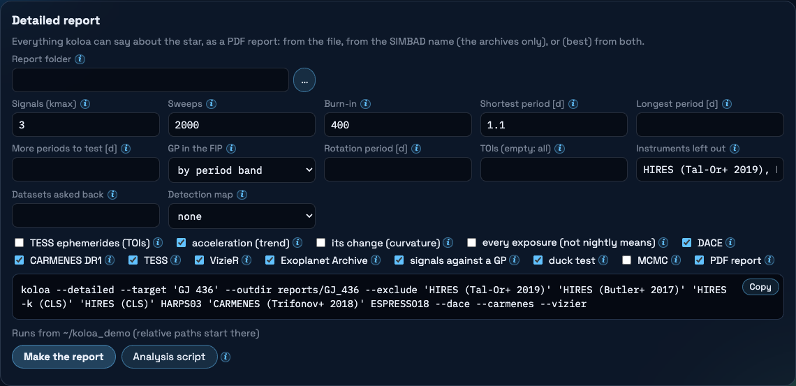 The card of the detailed report with its options and command line