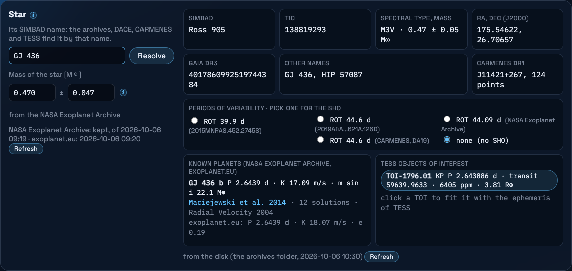 The star card of the GUI for GJ 436