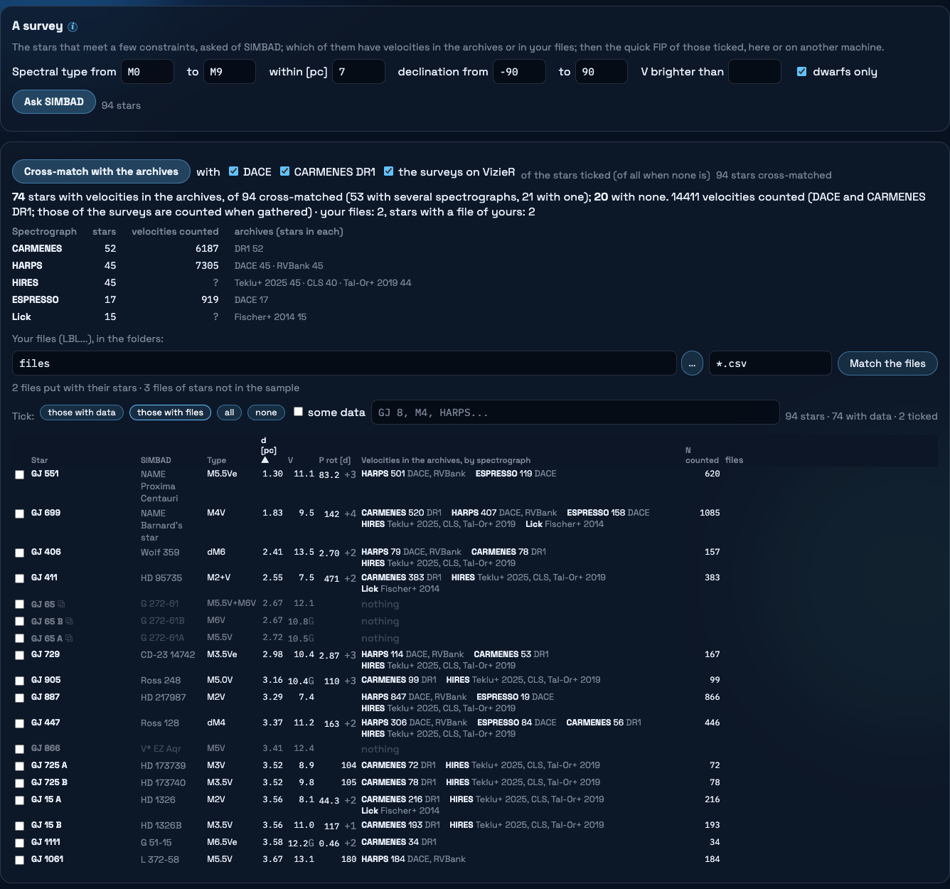 The survey tab: the constraints, the summary of the cross-match by spectrograph and the table of the stars