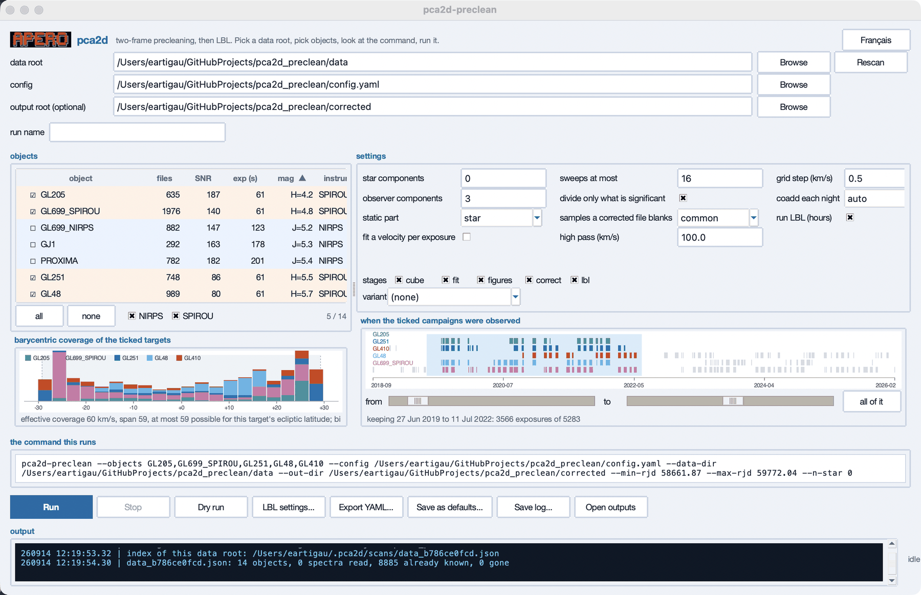 The pca2d-preclean window: data roots, the target list, the settings, the barycentric coverage, the campaign timeline, the command and the log